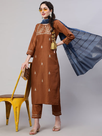 Brown Embroidered Kurta Pant With Dupattta