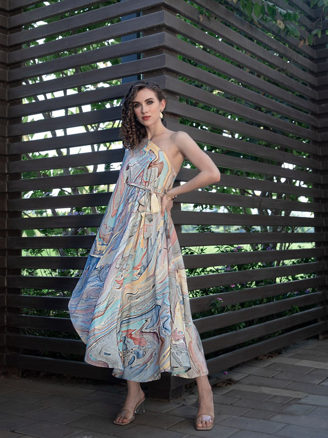 Multicolor Marble Print Midi Dress