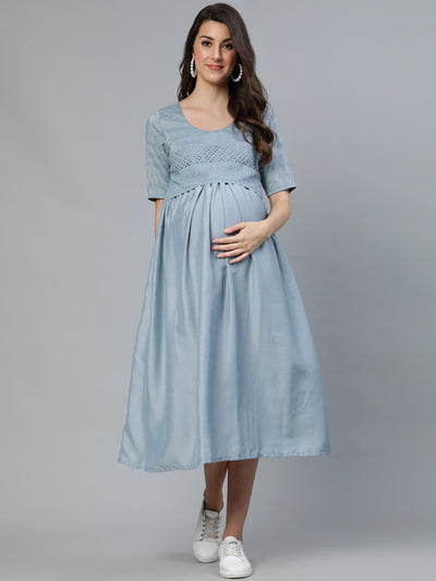 Blue Schiffli Designed Maternity Dress