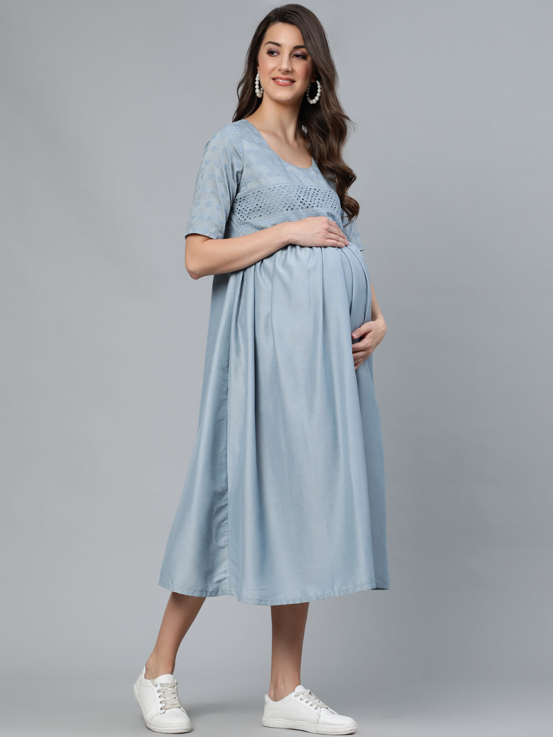 Blue Schiffli Designed Maternity Dress