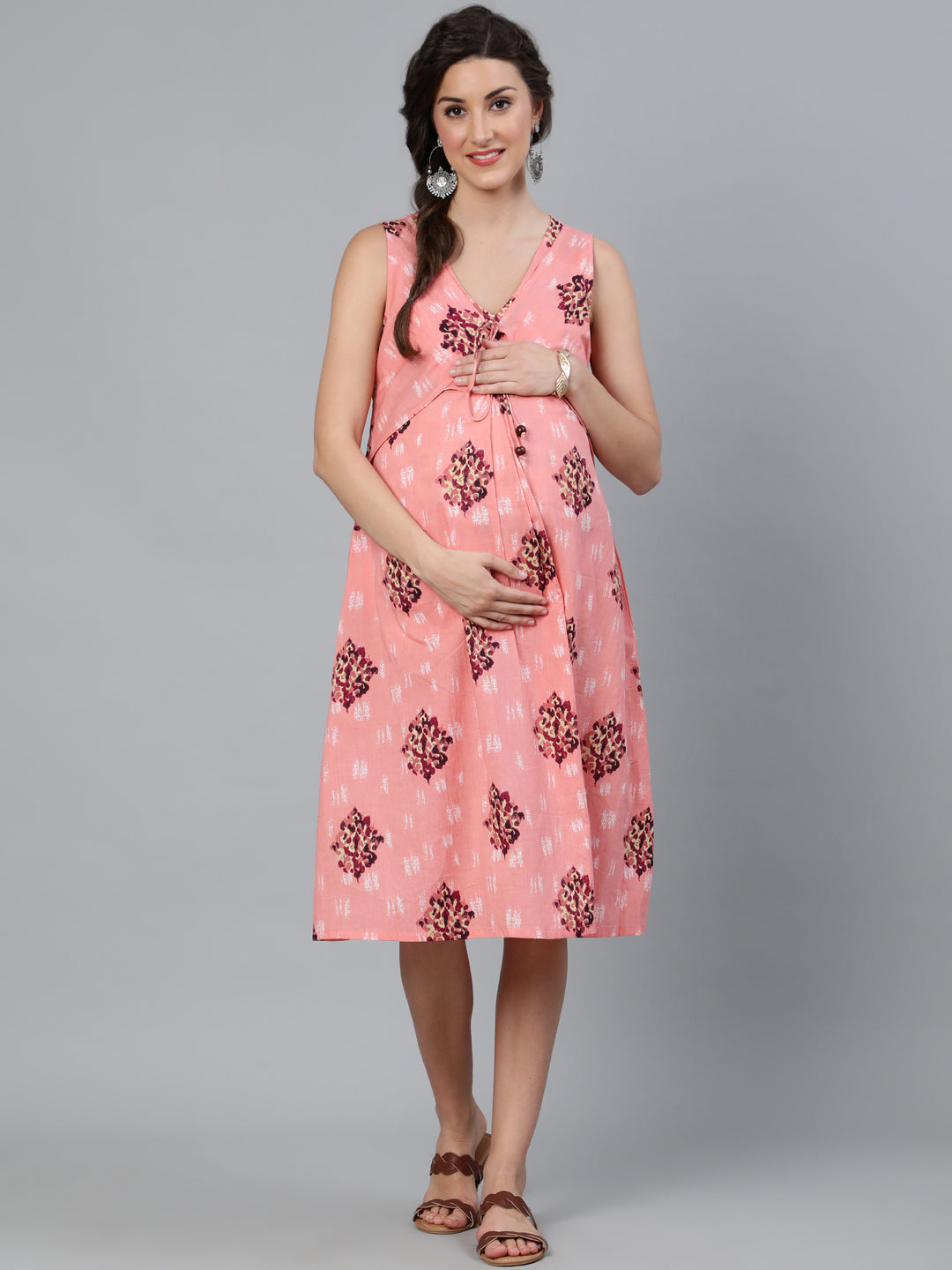 Peach Printed Maternity Dress