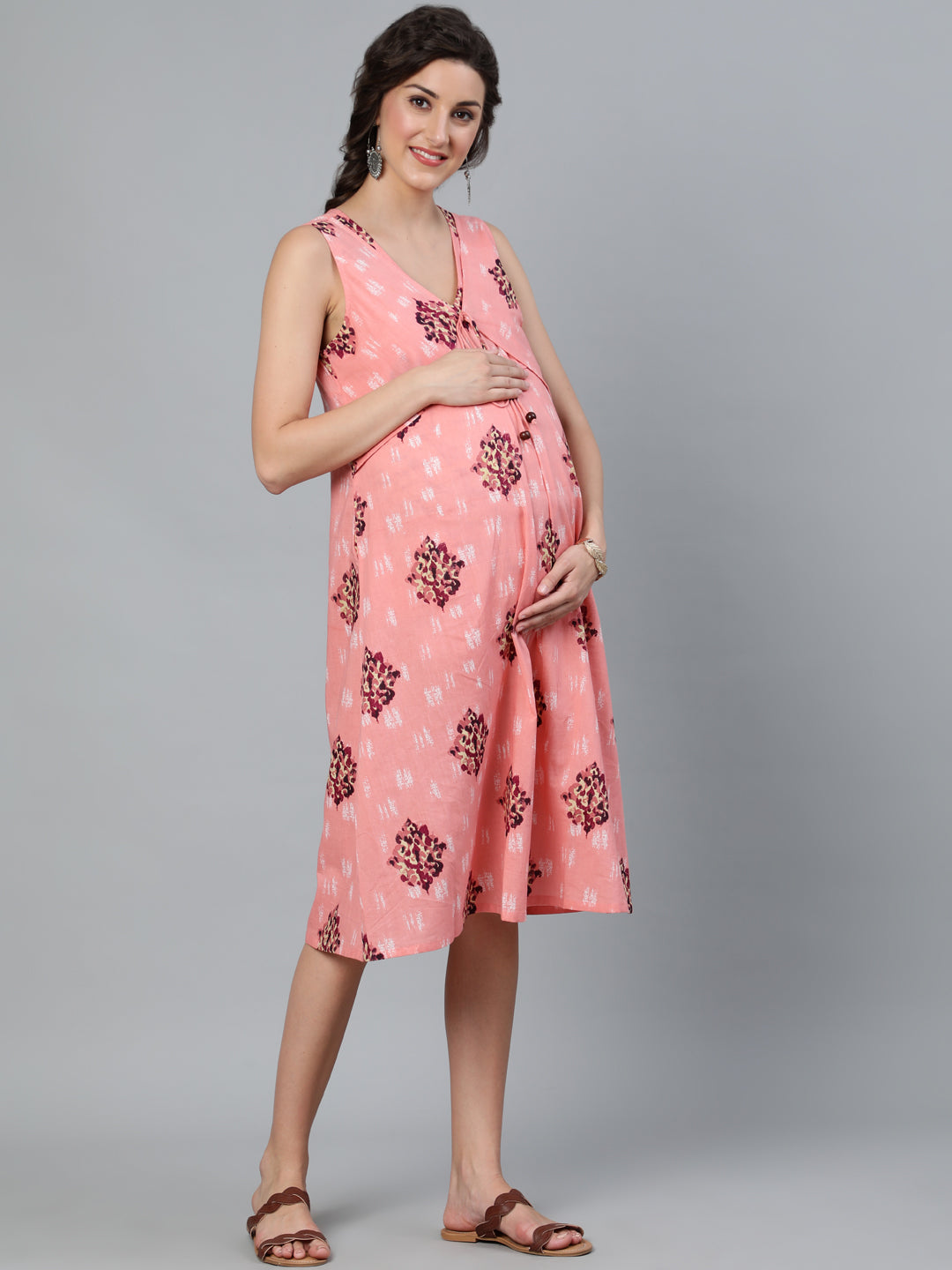 Peach Printed Maternity Dress