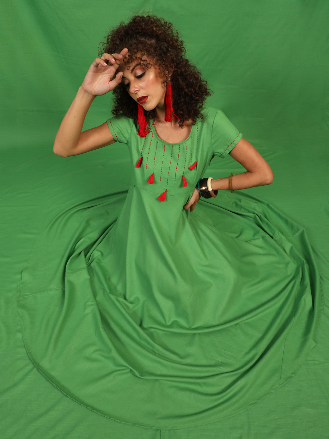 Green Maxi Dress With Thread Worked Yoke