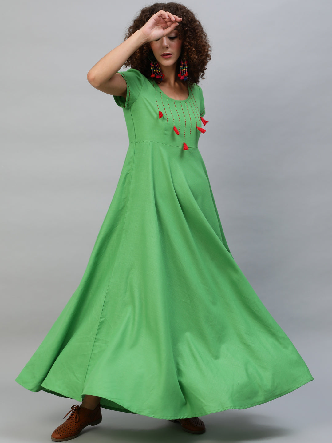 Green Maxi Dress With Thread Worked Yoke