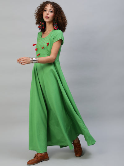 Green Maxi Dress With Thread Worked Yoke