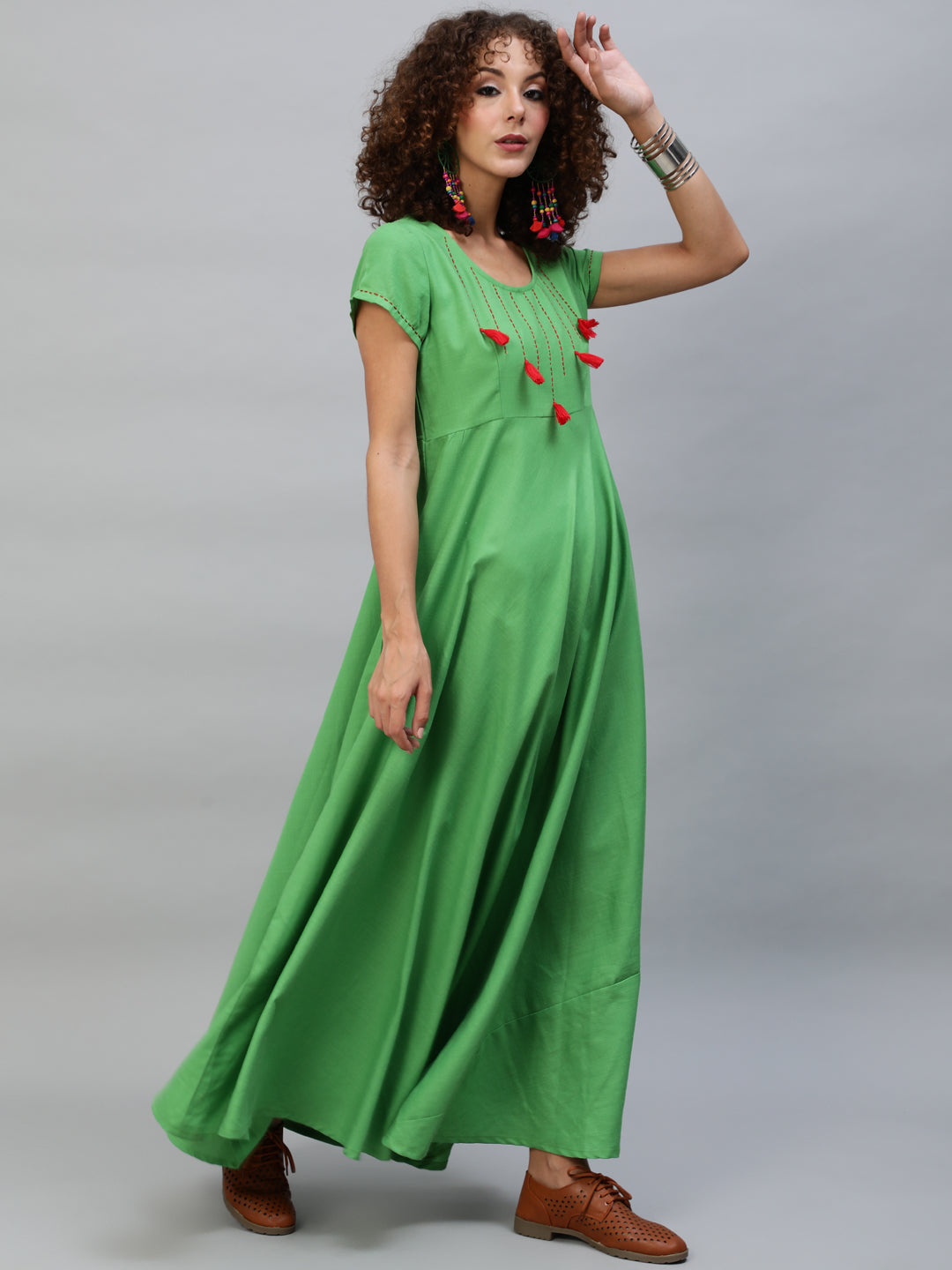 Green Maxi Dress With Thread Worked Yoke