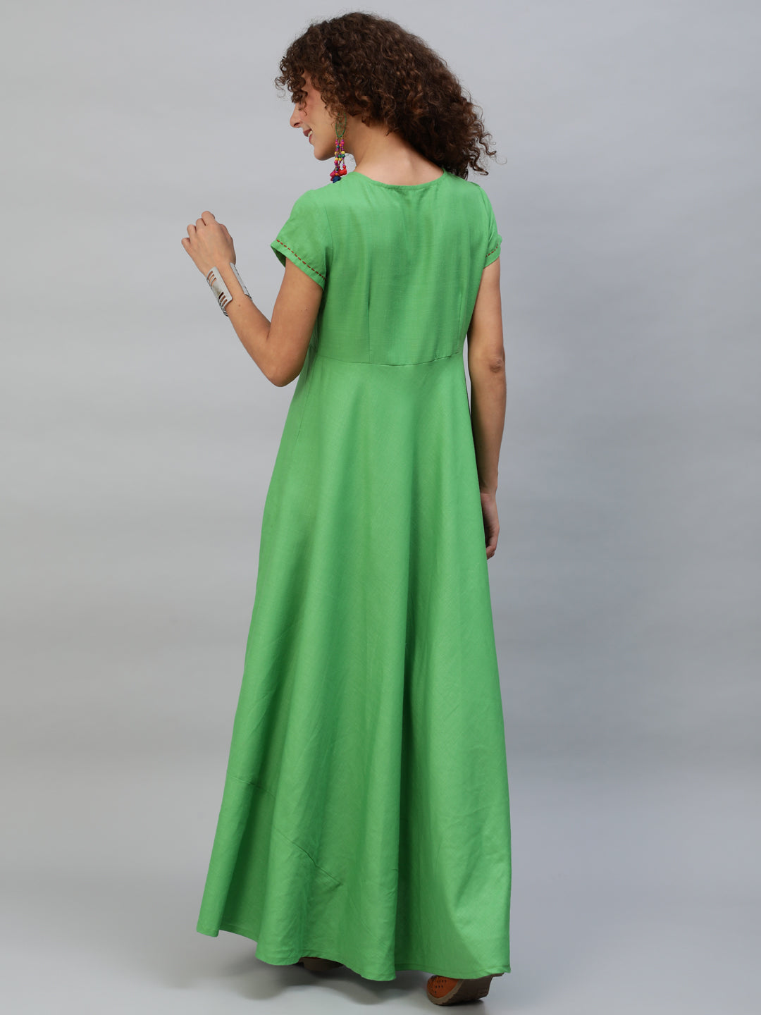 Green Maxi Dress With Thread Worked Yoke