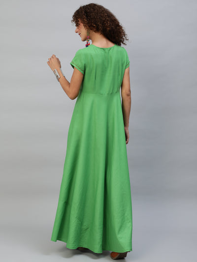 Green Maxi Dress With Thread Worked Yoke