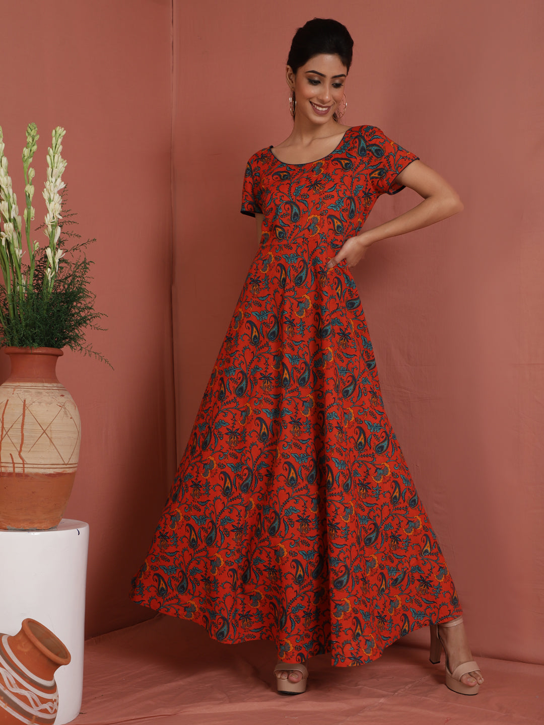 Red Printed Flared Maxi Dress