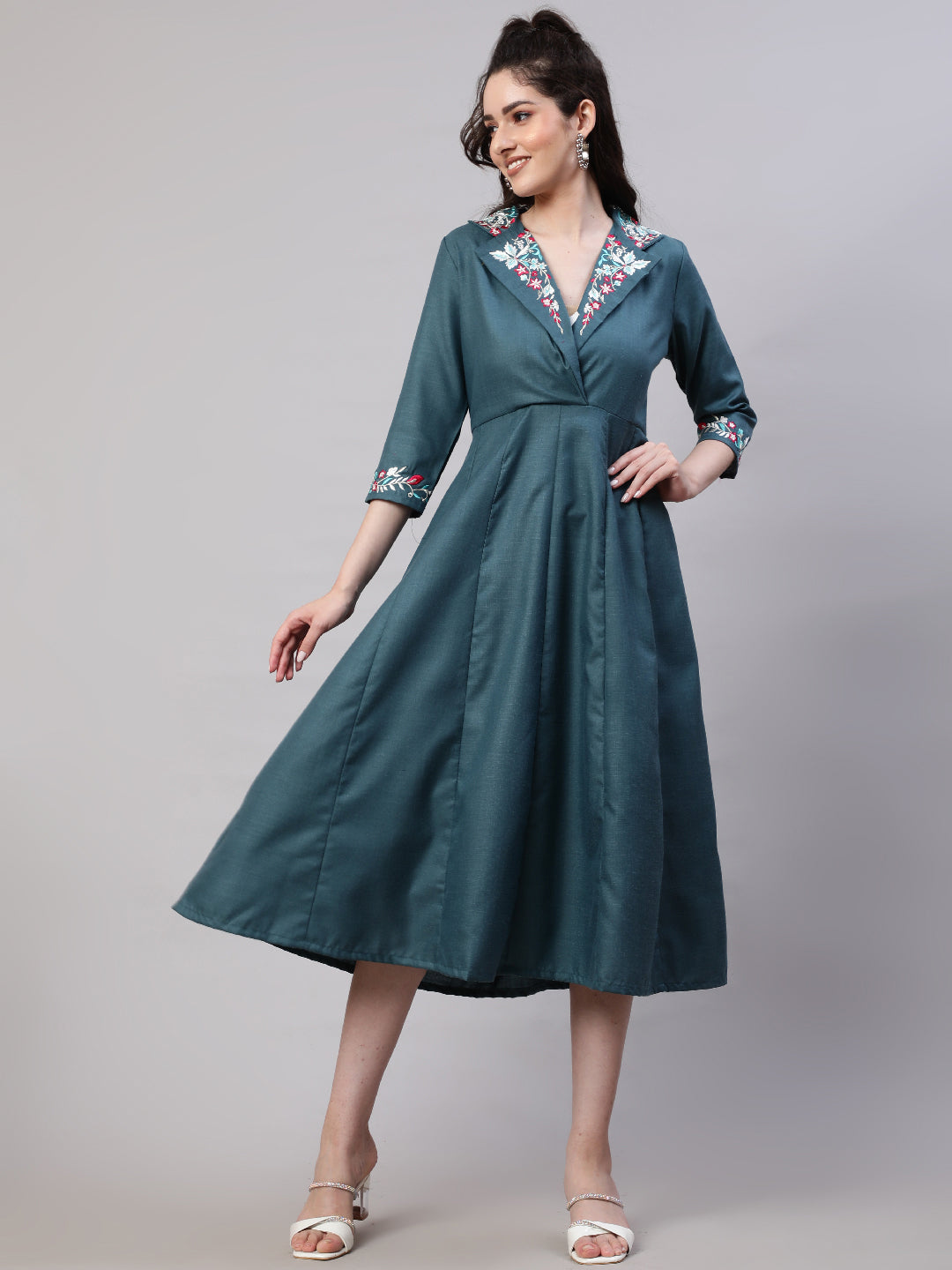Teal Blue Embroidered Midi Dress