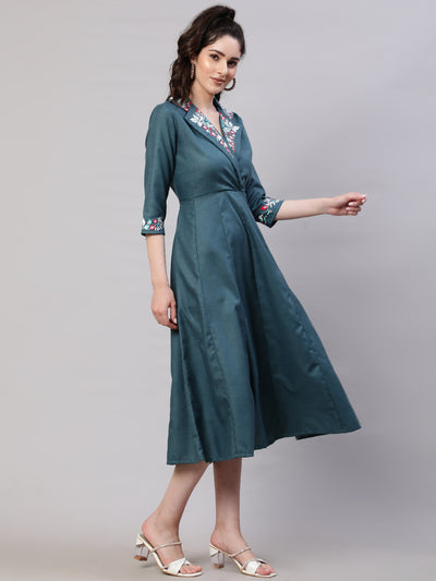 Teal Blue Embroidered Midi Dress