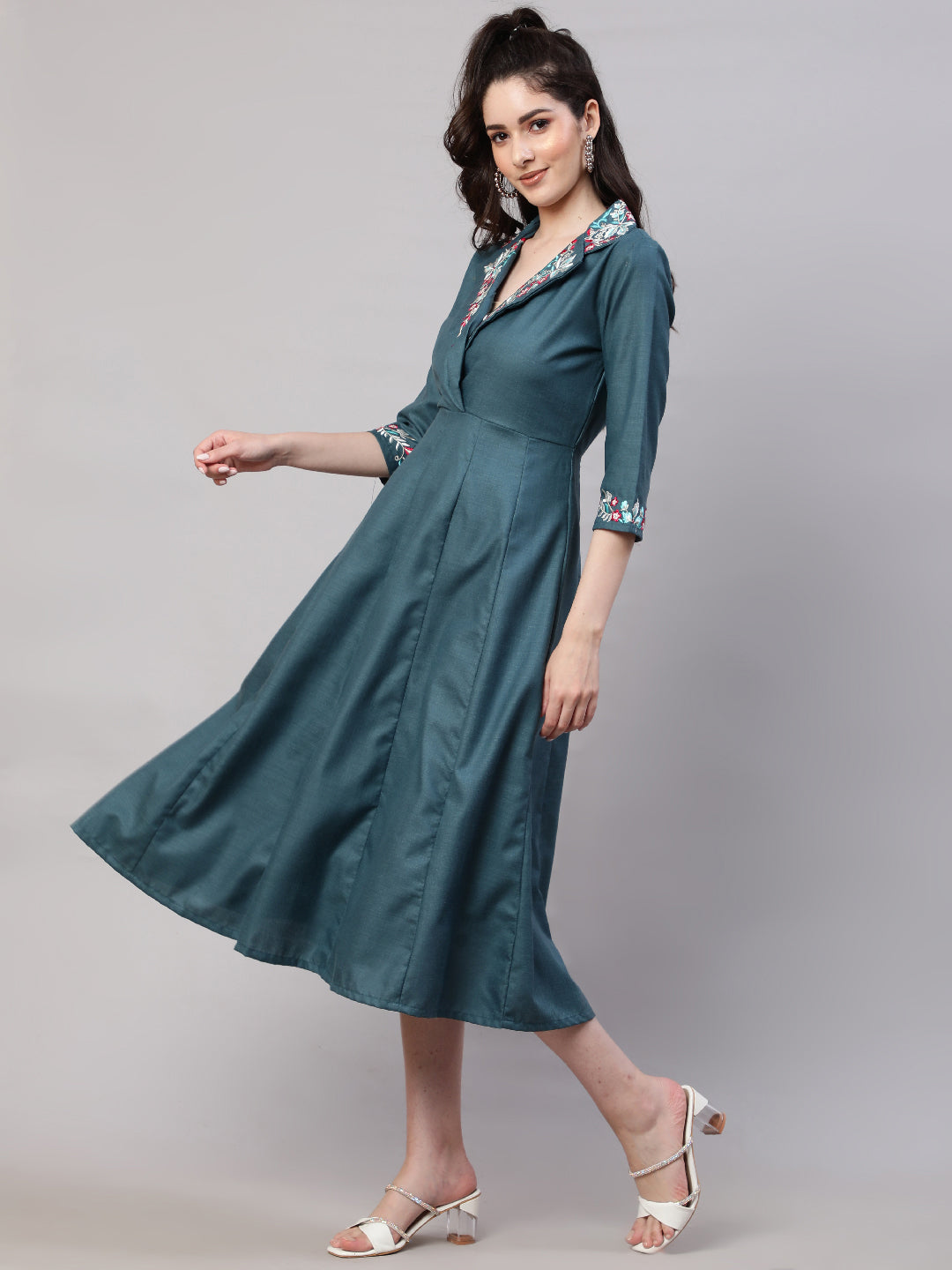 Teal Blue Embroidered Midi Dress