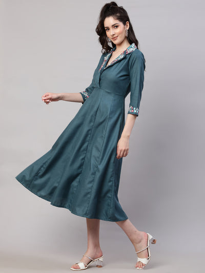 Teal Blue Embroidered Midi Dress