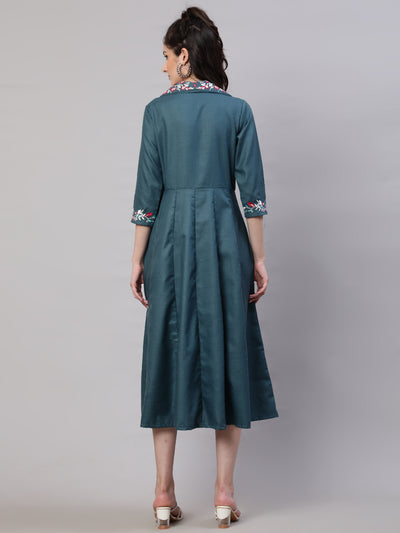 Teal Blue Embroidered Midi Dress
