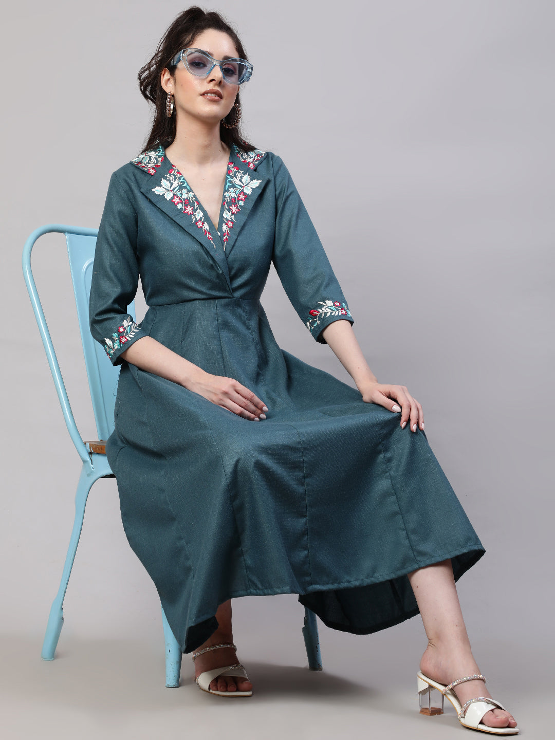 Teal Blue Embroidered Midi Dress