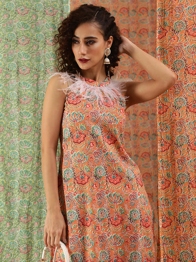 Peach Floral Print Kurta With Feather Lace Details