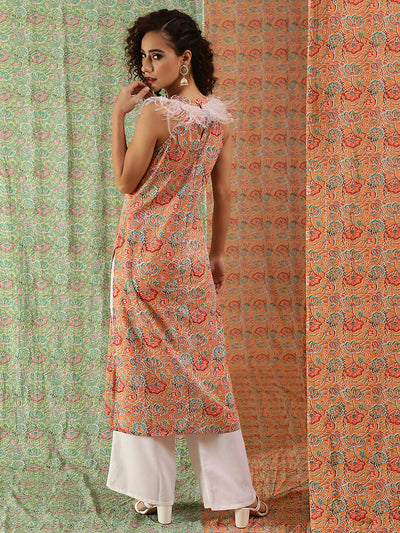 Peach Floral Print Kurta With Feather Lace Details