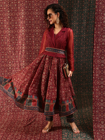 Burgundy Print Anarkali With Jacket