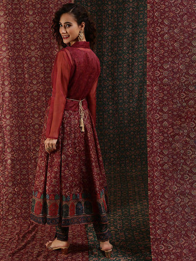 Burgundy Print Anarkali With Jacket