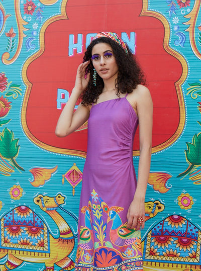 Purple Abstract Print Slit Maxi Dress