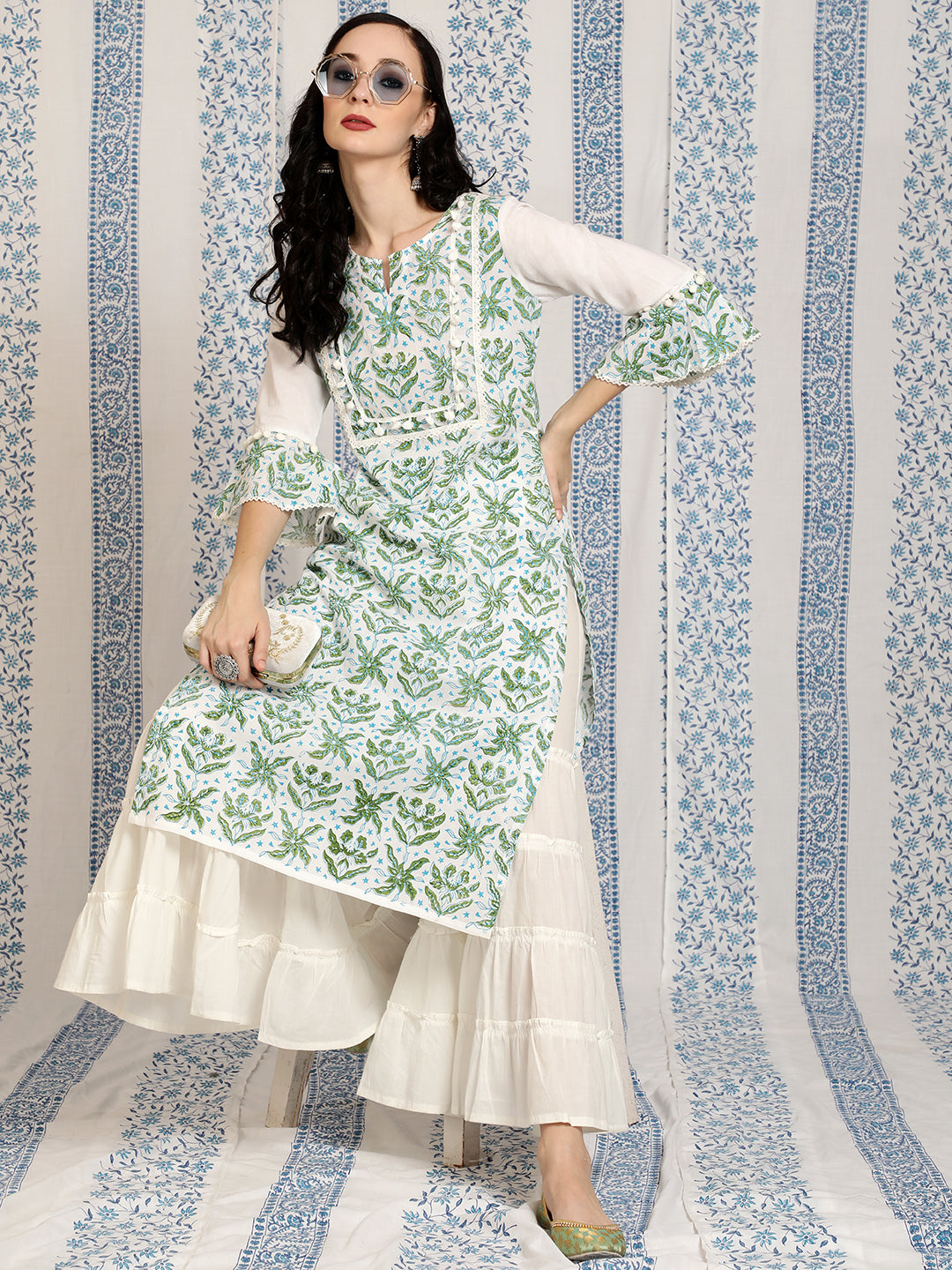 White & Green Block Print Kurta