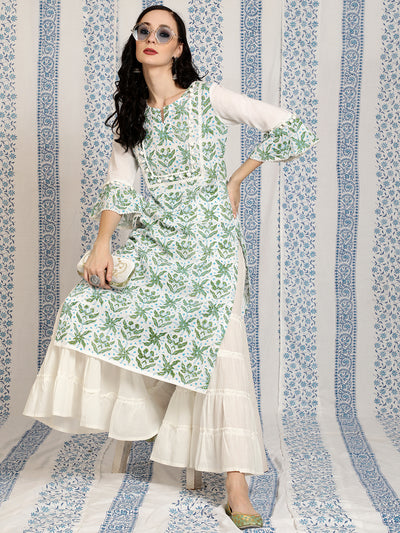 White & Green Block Print Kurta