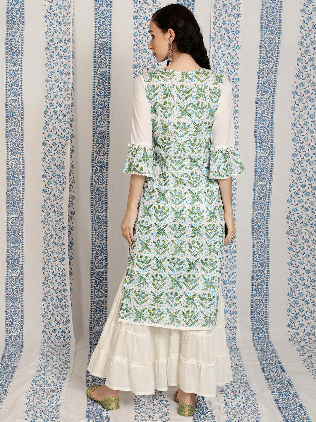 White & Green Block Print Kurta