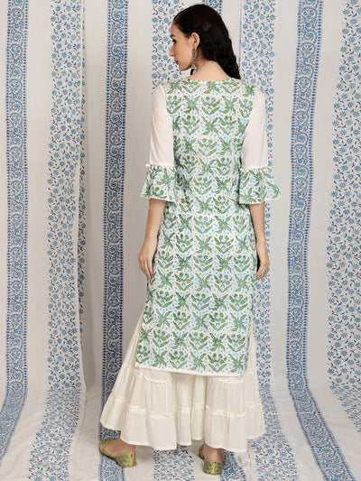 White & Green Block Print Kurta