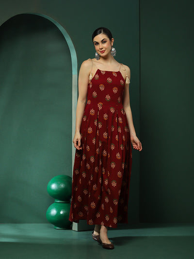 Maroon Floral Print Box Pleated Maxi Dress