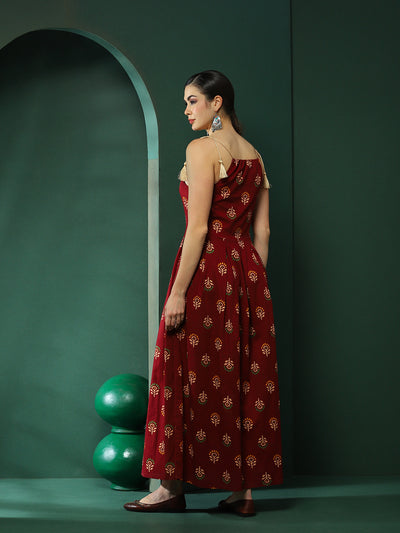 Maroon Floral Print Box Pleated Maxi Dress