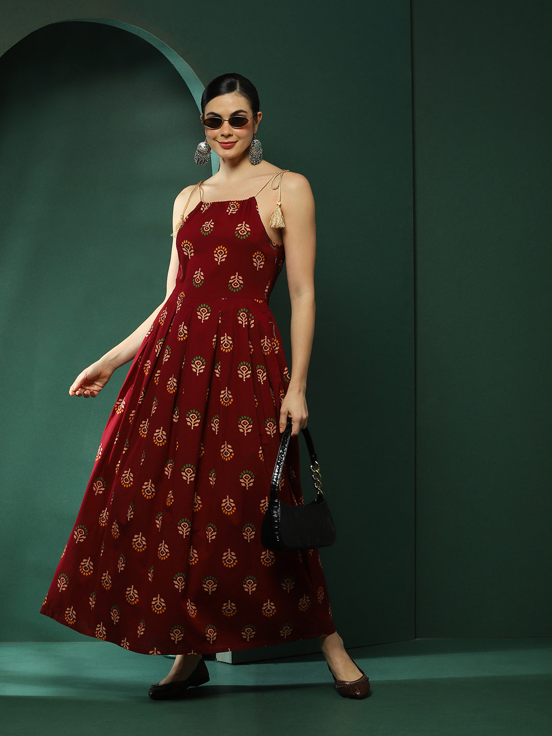 Maroon Floral Print Box Pleated Maxi Dress