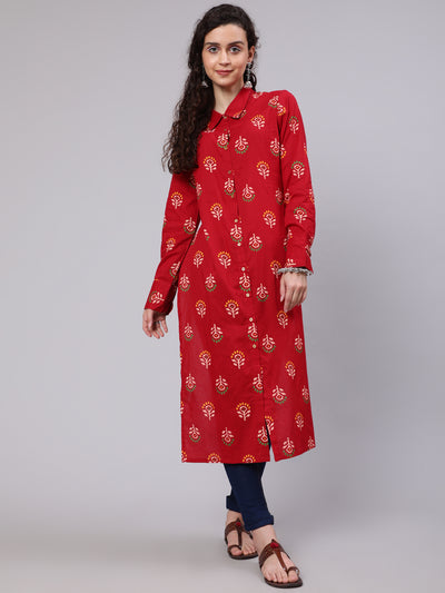 Red Floral Print Button Down Kurta