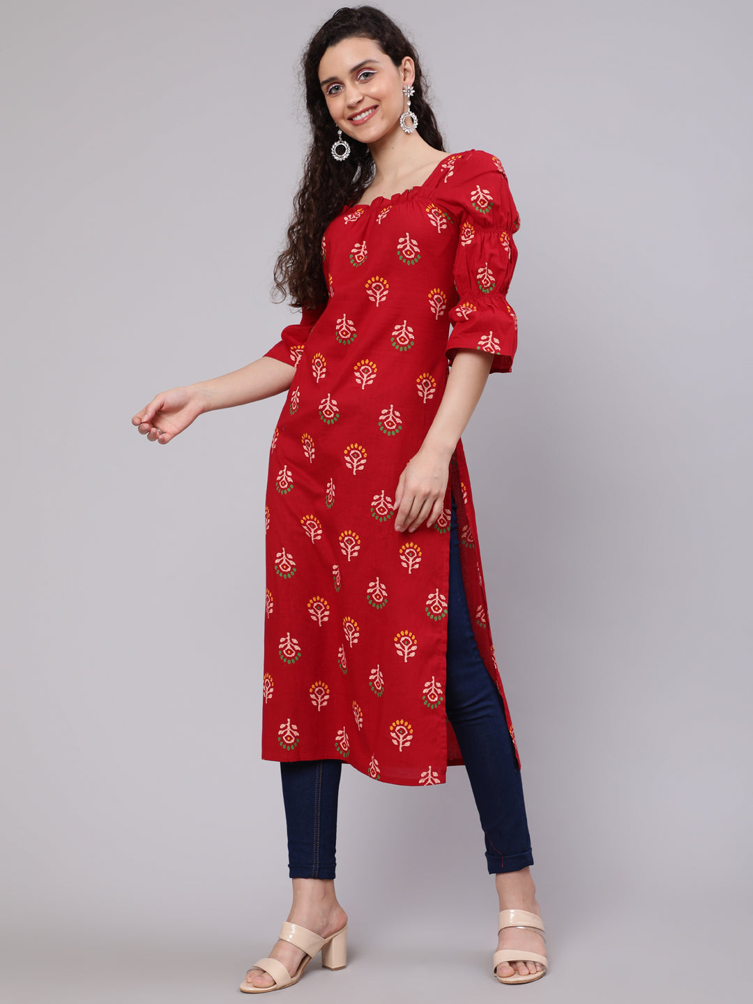 Red Floral Print Kurta With Puff Sleeves
