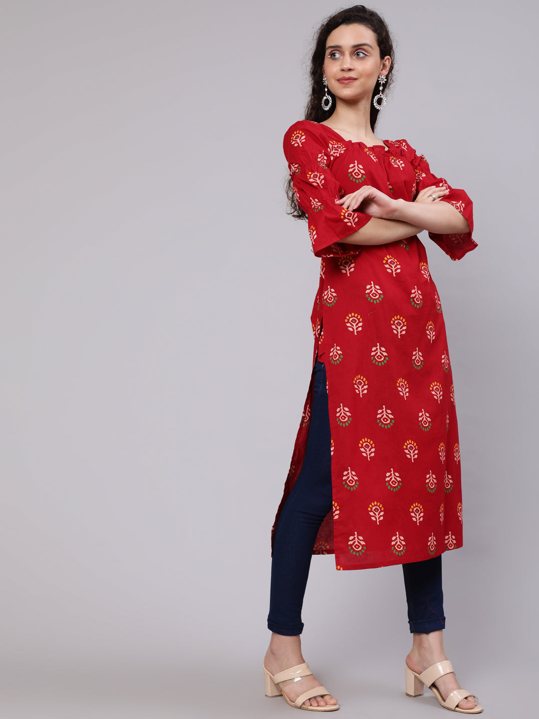 Red Floral Print Kurta With Puff Sleeves