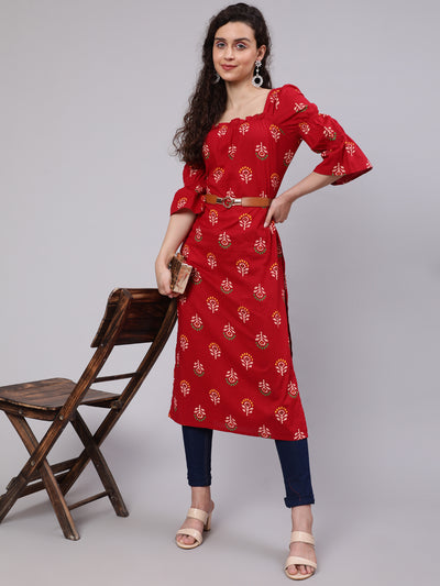 Red Floral Print Kurta With Puff Sleeves