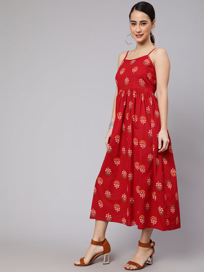Red Floral Print Sleeveless Dress