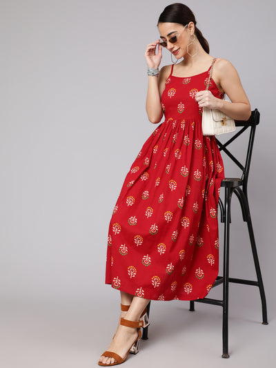 Red Floral Print Sleeveless Dress