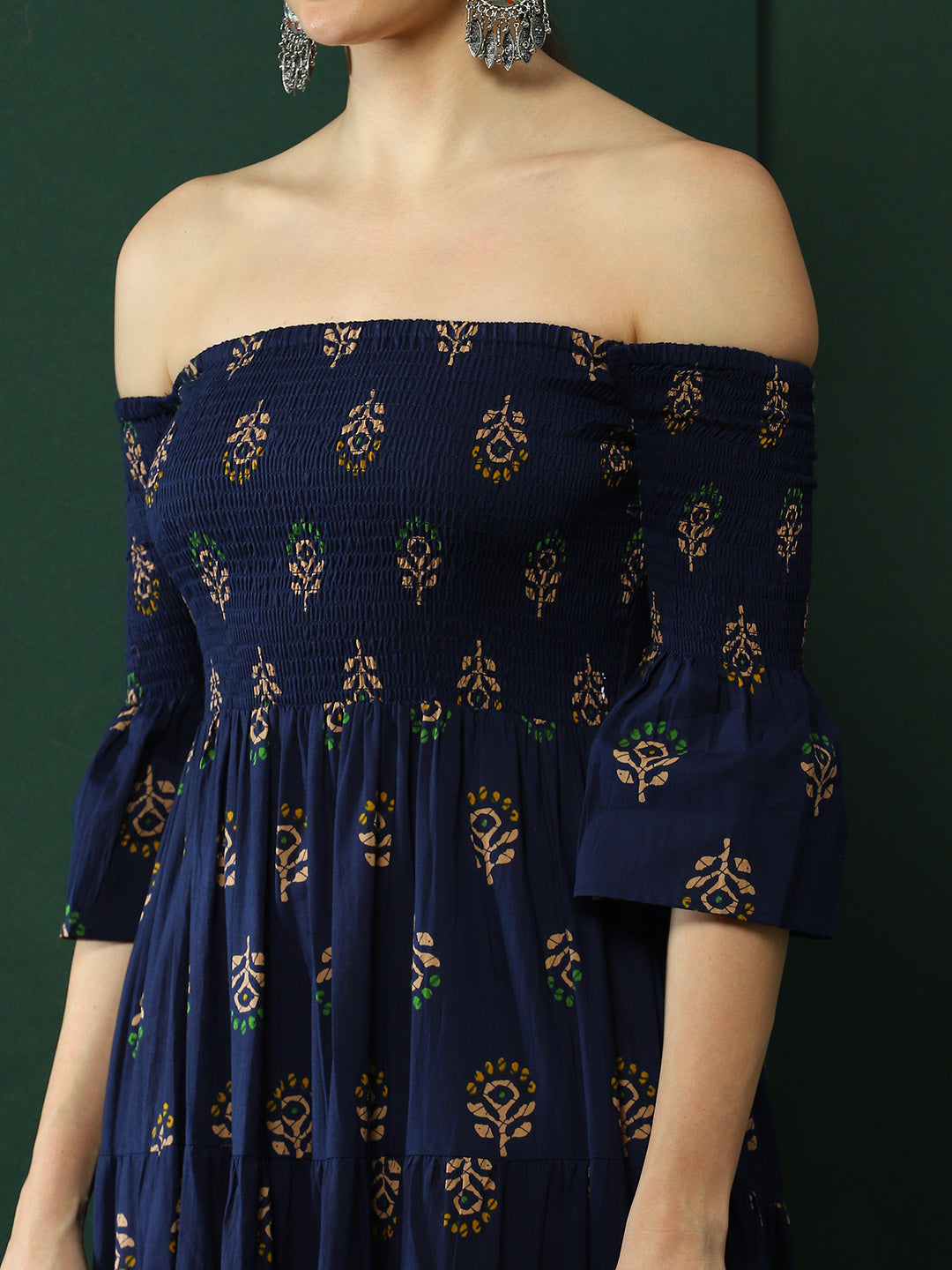 Navy Blue Floral Print Off-Shoulder Tiered Dress