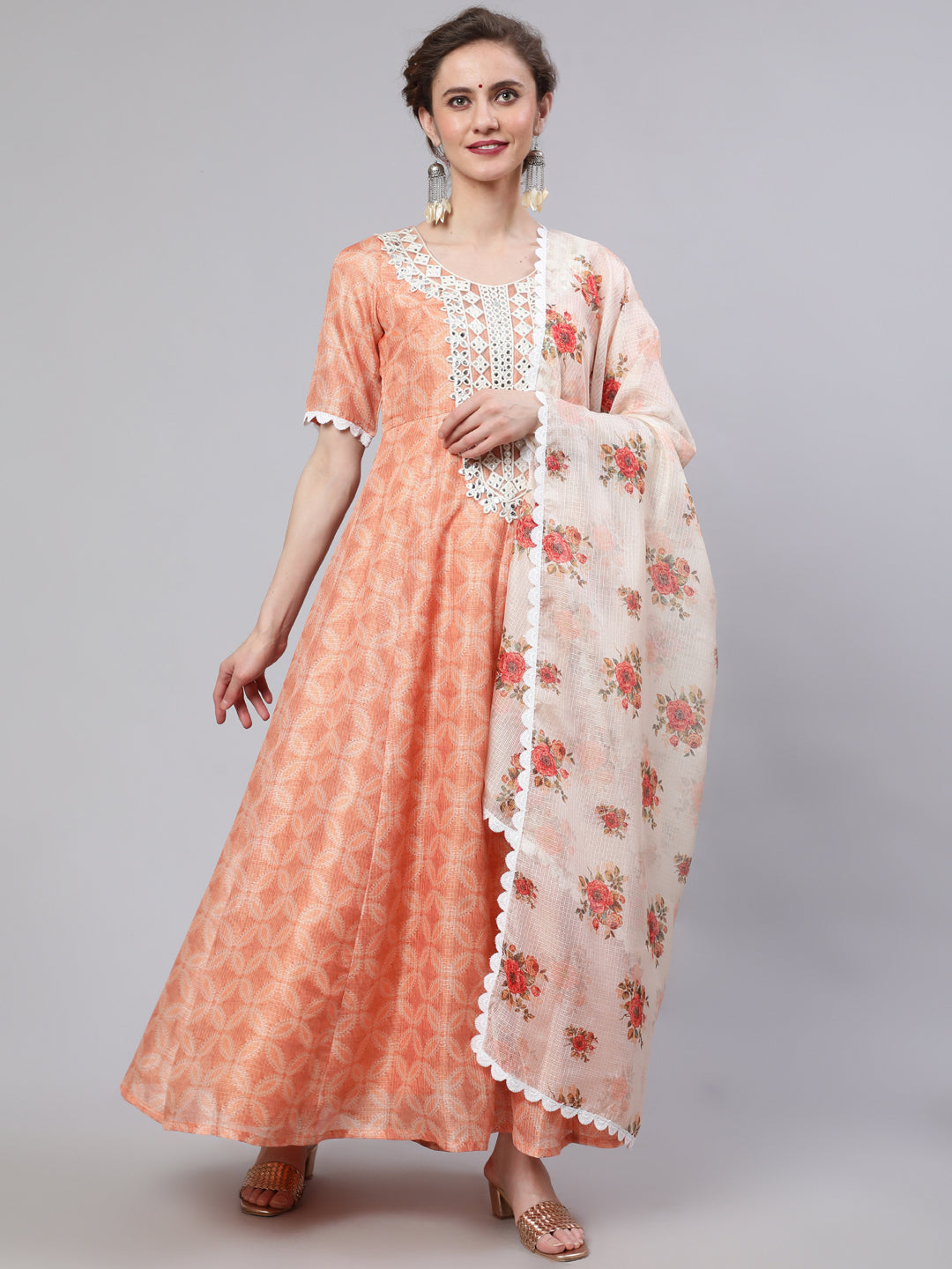 Peach Printed Maxi Dress With Dupatta