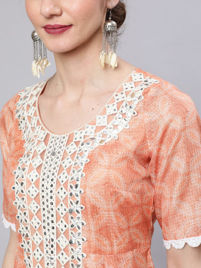 Peach Printed Maxi Dress With Dupatta
