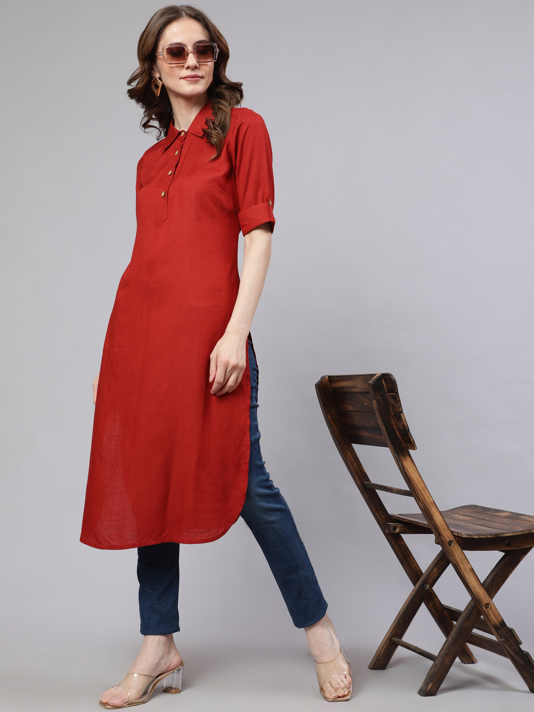 Red Pathani Straight Kurta