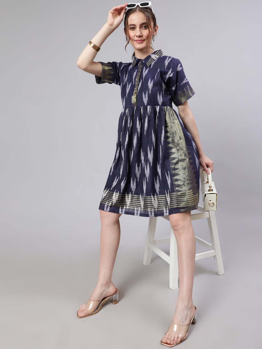 Navy Blue Ikat Skater Dress