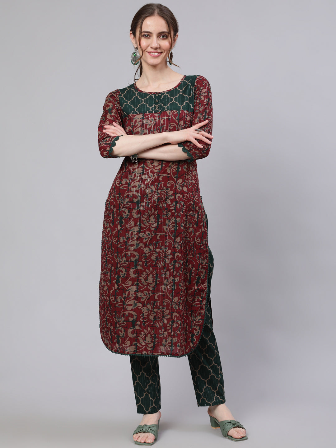 Maroon Printed Straight Kurta