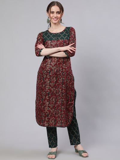 Maroon Printed Straight Kurta