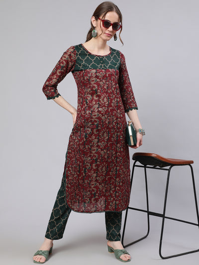 Maroon Printed Straight Kurta