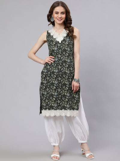 Green Kantha Work Kurta With Lace Details