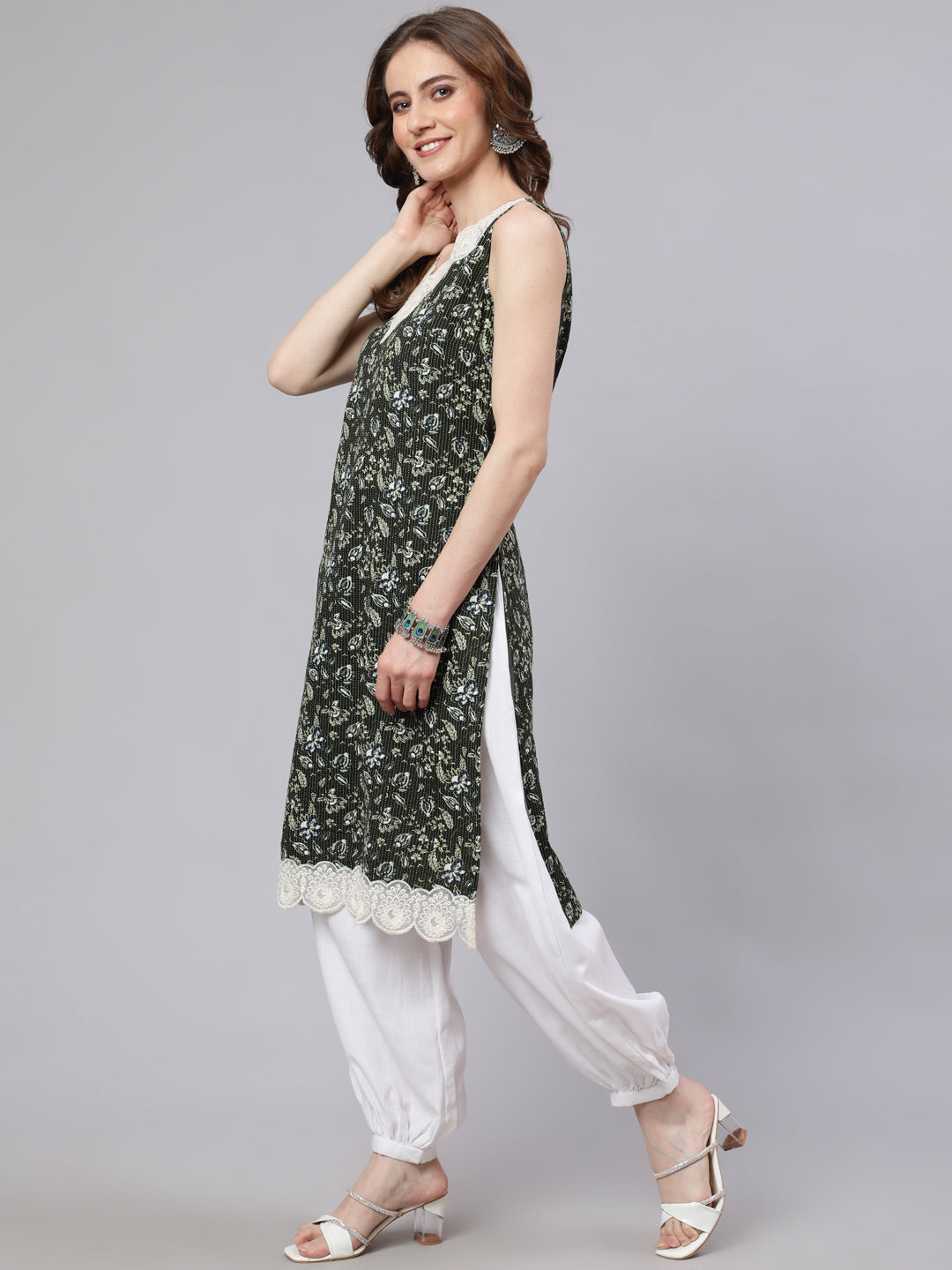 Green Kantha Work Kurta With Lace Details