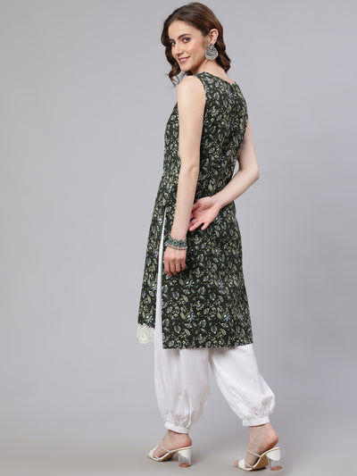 Green Kantha Work Kurta With Lace Details