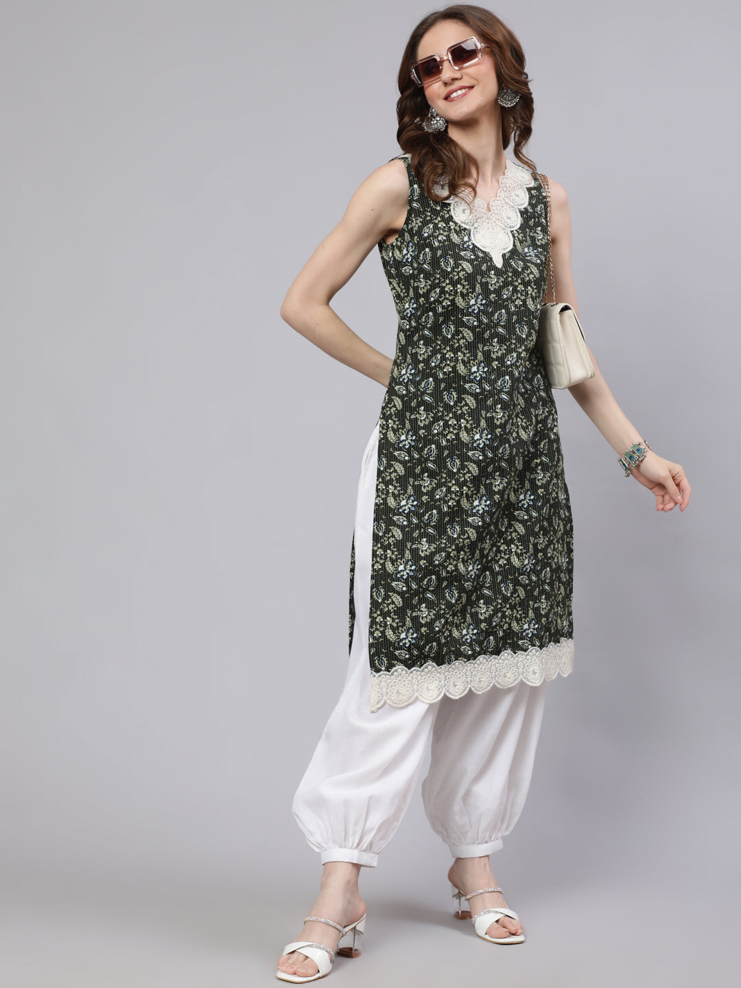 Green Kantha Work Kurta With Lace Details