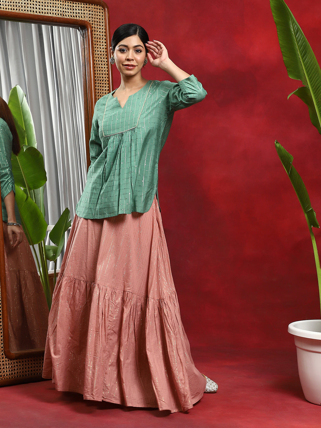Green Tunic With Ruching Sleeve